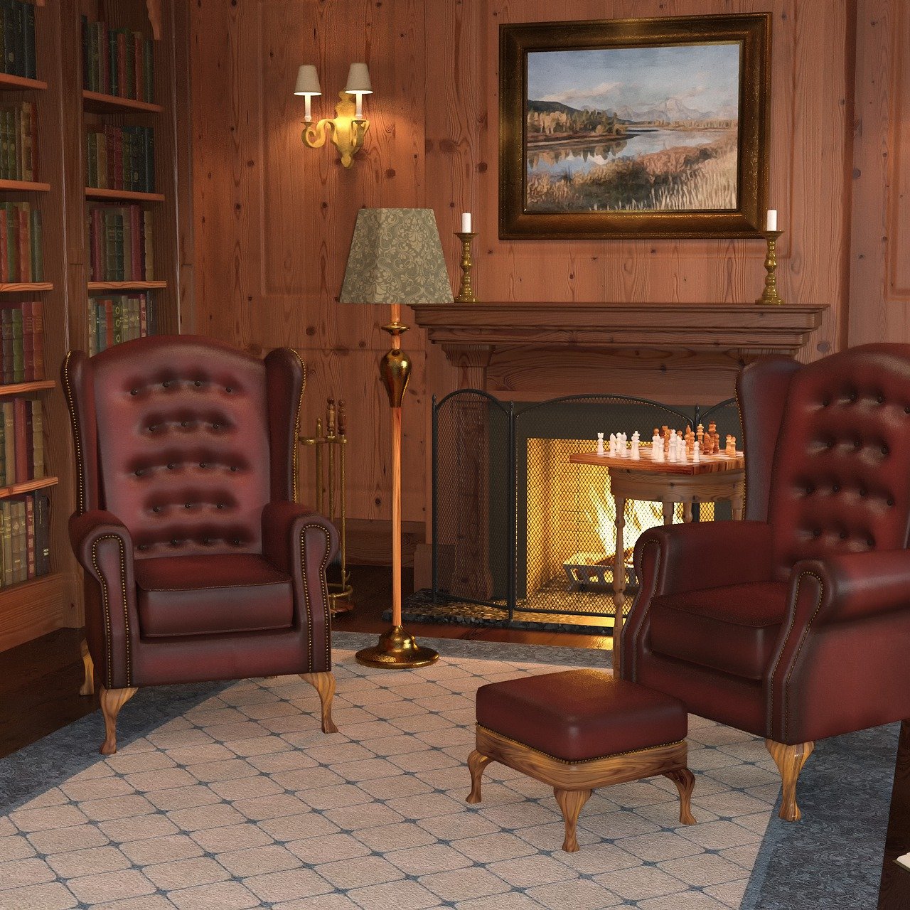 this image shows a cozy interior room with two burgundy leather armchairs and an ottoman placed on a patterned rug. a floor lamp stands next to one armchair. in the background, there is a fireplace with a chess set on a small table in front of it. above the fireplace, there is a painting hanging on the wall. a bookshelf filled with books is visible on the left side of the image. sconces adorn the wall above the armchairs.