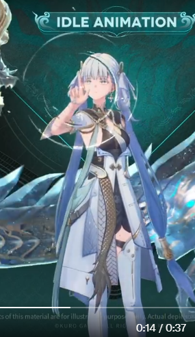 the image showcases a lightskinned, silverhaired anime girl in a dynamic pose against a blue and teal fantasy backdrop. she wears an intricate white and blue outfit with gold accents, common in fantasy rpg games. the text "idle animation" suggests this is a preview of a character's idle animation in a video game, likely a mobile rpg or gacha game. the warning at the bottom indicates that the final product might differ.