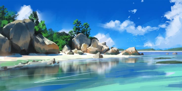 this is a digital painting of a tropical beach scene. large gray and brown rocks are situated along the shoreline, some covered with green trees. the water is clear and turquoise, reflecting the rocks and sky. the sky is blue with fluffy white clouds and a few birds flying in the distance. the sand is light and visible in patches between the rocks. the overall scene is serene and picturesque, capturing the beauty of a tropical island.