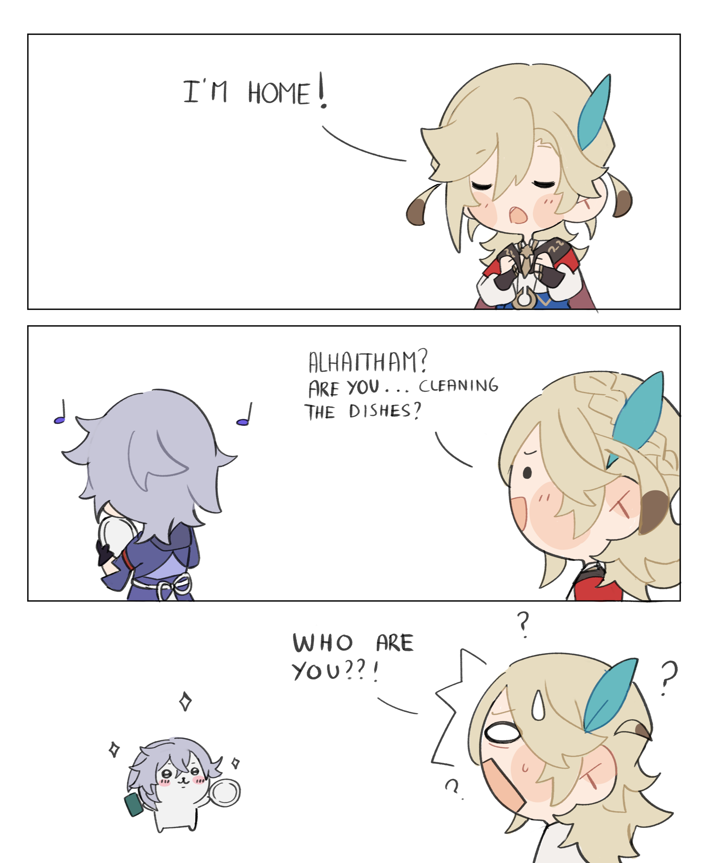 threepanel comic featuring chibistyle characters from the game genshin impact.  the first panel shows a character, presumably alhaitham's sibling, arriving home and announcing their arrival. the second panel reveals alhaitham's surprise at seeing someone else cleaning the dishes, with another character (possibly a friend or sibling) washing the dishes. the third panel shows a shocked expression as alhaitham's sibling reacts to another unexpected person (possibly a pet or another sibling) appearing. the art style is simple and cute, with soft colors and expressive character designs. the comic is lighthearted and humorous, playing on the surprise of finding someone unexpectedly doing chores.
