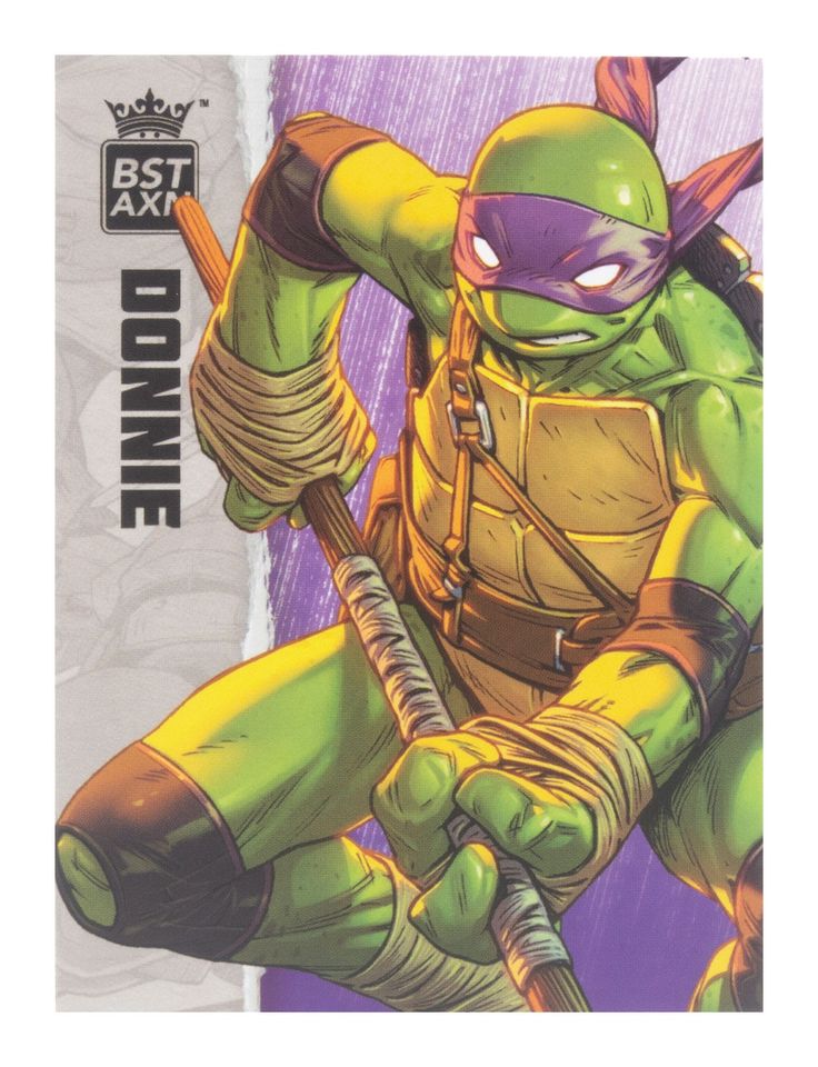 a collectible card from the teenage mutant ninja turtles trading card game. the card features a drawing of donnietello, the purple masked ninja turtle. his name is written at the bottom of the card in a large font, and in the top left corner is a logo for bst axn. the background is purple with white and grey accents.