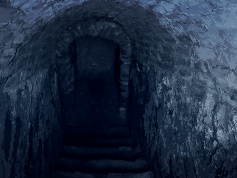 a dark and eerie underground tunnel with stone walls and an archway, leading down a set of steps. the scene is dimly lit, creating a sense of mystery and foreboding.