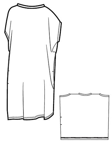 a line drawing of a simple, loosefitting dress or tunic with short sleeves, next to a rectangular shape that may be a pattern piece.