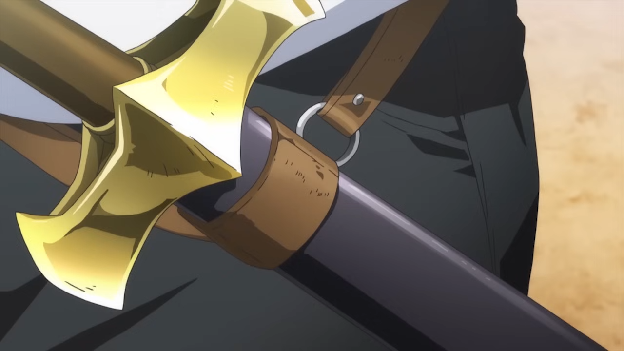 a closeup shot showcasing a sword and axe sheathed in leather, worn on the hip of a person. the image focuses on the intricate details of the weapons and the worn texture of the leather, hinting at a sense of adventure and battles fought.  the color palette suggests a setting bathed in warm, natural light.