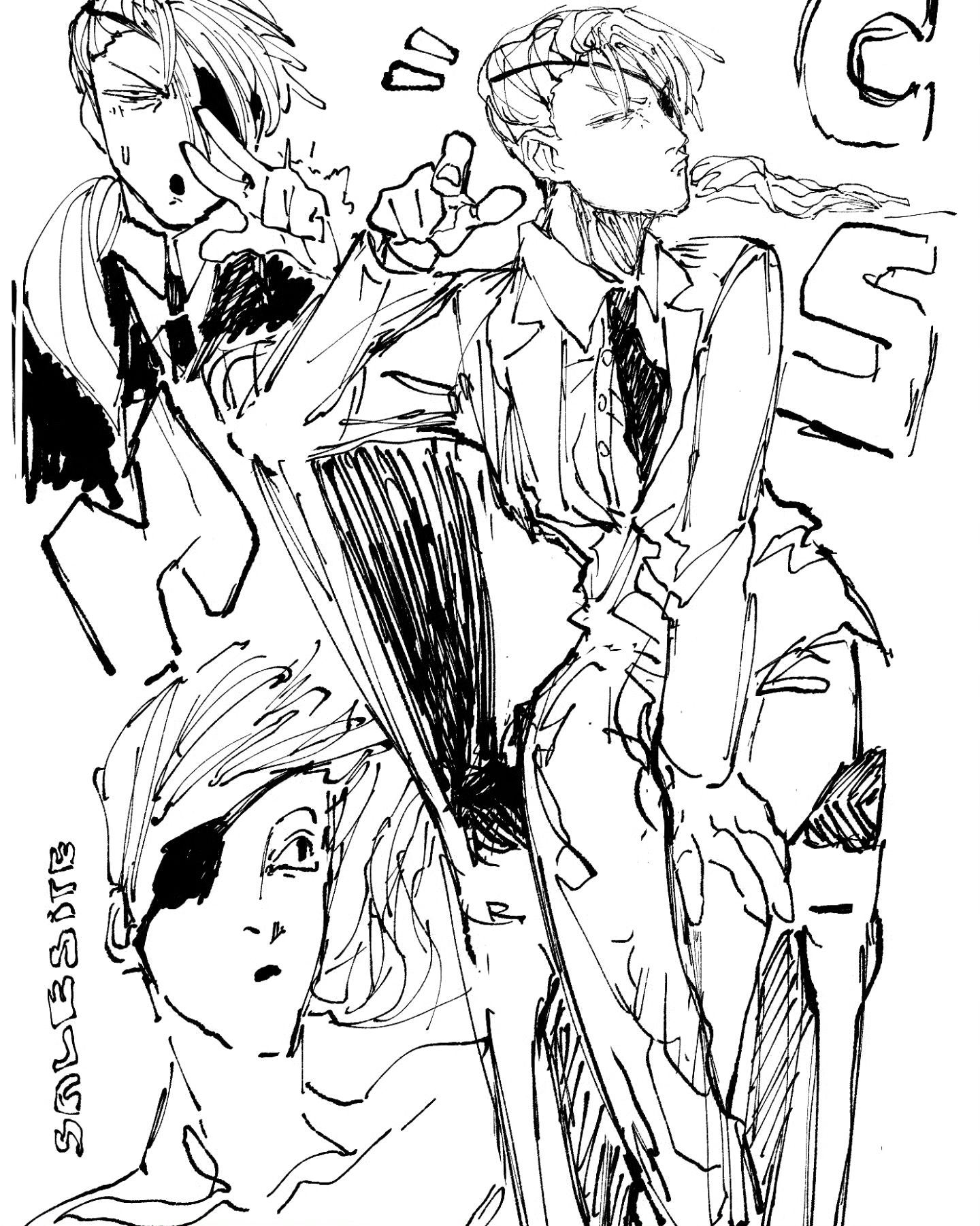 the image is a black and white sketch of three anime characters. the character in the center is the most prominent, and is a tall, slender man with a long, straight braid, wearing a longsleeved shirt with a tie and dark pants. he is standing with one hand raised, looking towards the viewer. the character on the left is a shorter man with shorter, messy hair wearing a suit, with a stern expression looking to the right. the character on the right is a shorter man wearing a longsleeved shirt with his arms down and is looking up, with a curious expression. the drawing is done in a sketchy style, with loose lines and shading. the background is mostly empty, except for some random lines and scribbles.  the characters are drawn in a dynamic and expressive way, giving them a sense of movement and personality.