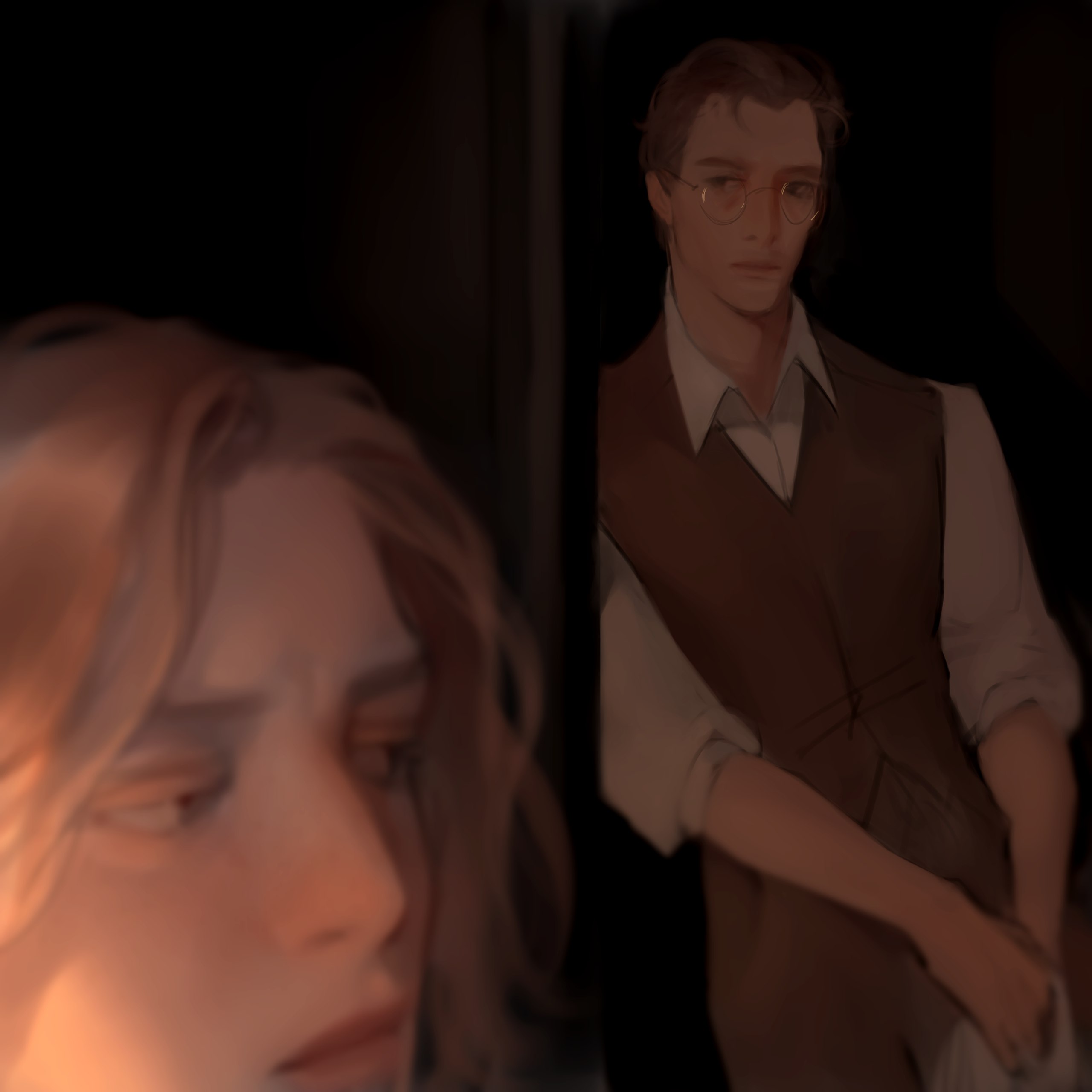 the image depicts two men in a dimly lit interior space. the scene is heavy with unspoken emotion, emphasized by the dramatic lighting and close cropping. one man, with brown hair and glasses, stands in the background, partially hidden in shadow. he gazes away from the viewer, a hint of sadness in his expression. the foreground features the partially obscured face of a second man with long blonde hair. he appears to be looking towards the other man, his expression a mix of longing and sorrow. the warm, painterly style and use of light and shadow create a captivating and emotionally charged atmosphere.