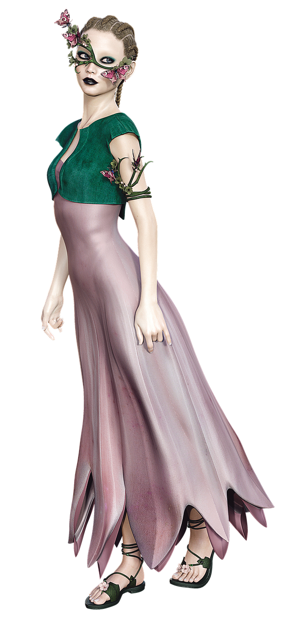 an image of a fairskinned woman in a fantasyinspired outfit stands gracefully against a black background. she is wearing a long, flowing gown with petallike extensions at the bottom, fading from a pale pink at the top to a deeper rose hue at the hem. above the gown, she has on a short, emerald green top or jacket. her feet are adorned with dark green sandals featuring flower details. a decorative mask made of flowers and greenery partially covers her face, emphasizing her eyes. her hair is styled in intricate braids. an armlet made of vines and flowers encircles her upper arm, and she has dark lipstick. the overall aesthetic suggests a fairy or elflike creature, possibly a character from a fantasy realm. the image appears to be a digital illustration.