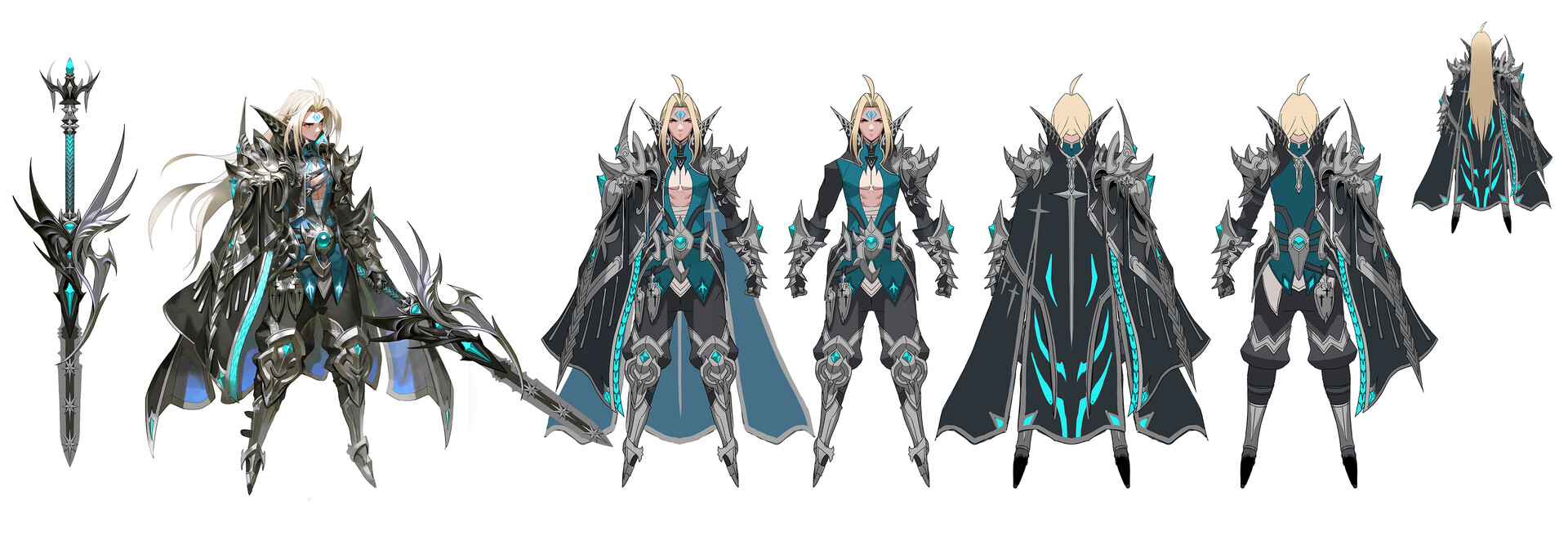 this image is a character concept art sheet of a male elf warrior in fantasy armor. the character has blonde, long hair and is shown in multiple poses to showcase different angles and details of the armor and cape. the armor is silver with dark clothing underneath, adorned with blue gems and spiky designs. the character also wields a unique sword with similar aesthetics. there are front and back views of the character, both with and without the cape. the character has a stern expression and pointed ears, typical of an elf. the art style suggests it is for a video game or other fantasy media.
