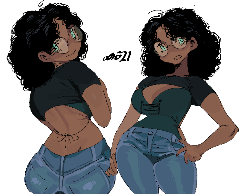 the image features a digital illustration of a young black woman with curly hair and glasses. she's drawn in a stylized manner and is wearing a black crop top and blue jeans. there are two versions of the woman, positioned sidebyside. one version has her back turned slightly, highlighting the tied back of her top, while the other shows her from a more frontal perspective, confidently holding her jeans. the art style emphasizes her curves and has a slightly exaggerated, cartoonish feel.