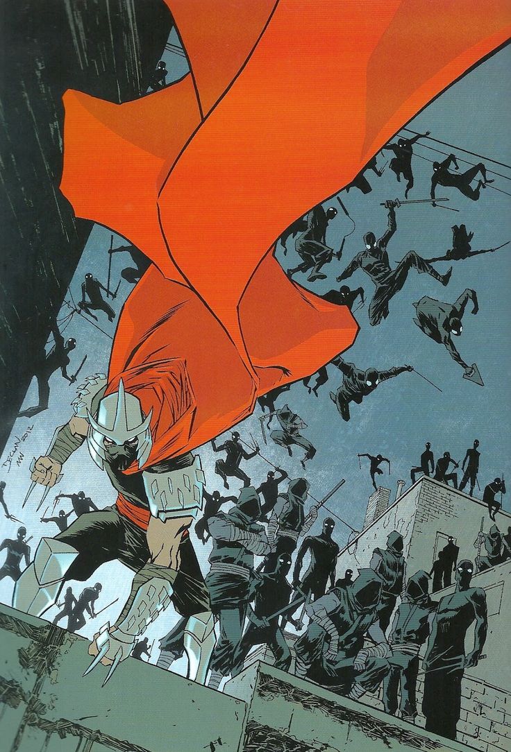 the image is a comic book illustration of the shredder from teenage mutant ninja turtles. he is dressed in his signature red cape and armor, with his weapon raised. there are many ninjas in the background, many of them silhouetted. the scene is set in an urban cityscape with buildings in the background. the overall tone of the image is actionpacked and dramatic.