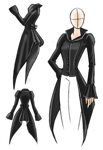 the image shows a fashion illustration featuring a black coat with bell sleeves, a buttondown front, and a tailcoat design. the coat is shown on a figure with white pants and also as separate sketches from different angles. a ribbon is tied at the back of the coat in some views.