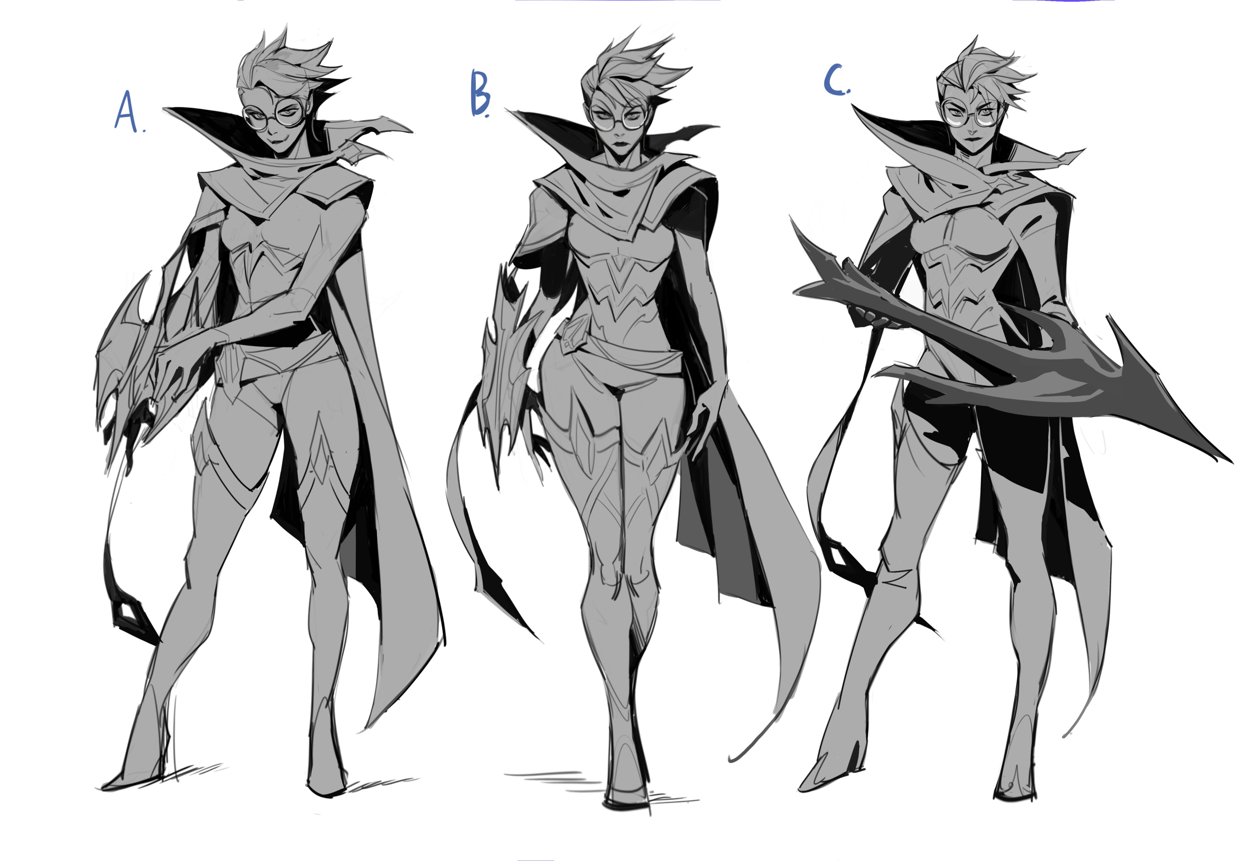 he image shows three variations (a, b, and c) of a grayscale sketch depicting a female character design.  the character is a warriortype figure, clad in futuristic/fantasyinspired armor and a cape. she holds a unique weapon in each variation, showcasing different poses and weapon designs. the style is dynamic and suggests a concept art piece for a video game or animation. the sketches are detailed enough to show texture and form, but retain a loose and expressive quality. the character's distinct features include short, stylized hair, glasses, and a strong silhouette.