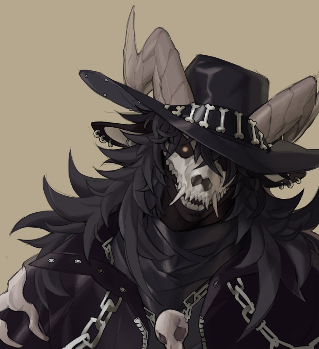 this is a digital painting of a dark and mysterious furry character. the character is an anthro with long black fur, horns, and a skulllike mask. they are wearing a black cowboy hat, a black jacket, and a black scarf. the background is a light brown color, which creates a sense of contrast with the dark character. the image gives off a gothic and edgy vibe, and the character's overall appearance is both intimidating and alluring. the image is wellexecuted and visually appealing, and it successfully captures the character's unique personality and style.