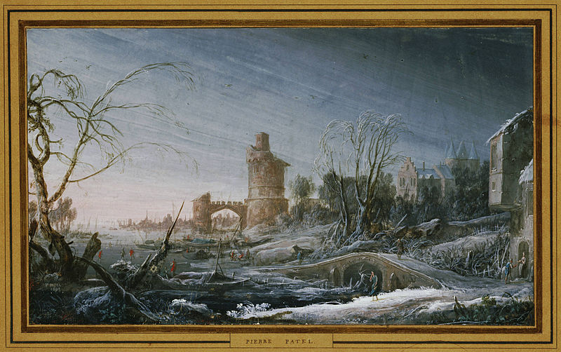 the image is a painting titled "winter landscape" by pierre patel, depicting a snowcovered scene. a frozen river or waterway is in the foreground with broken ice and bare tree branches. people are seen walking and working on the ice. in the middle ground, there's a stone bridge leading to a ruined tower with an arched entrance. further back, various buildings are visible, including houses and what appears to be a castle. the sky is overcast and grey, suggesting a cold winter day. the entire artwork is framed.