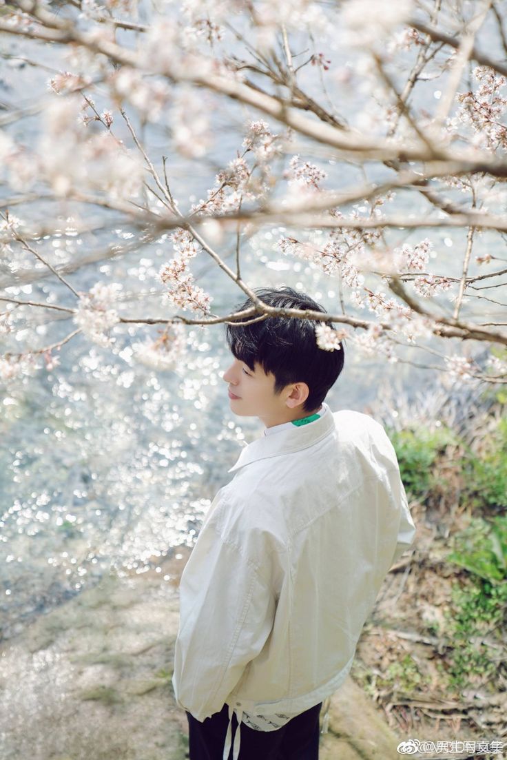 the image features a young man standing by a riverbank with cherry blossoms in full bloom. he is looking towards the river, bathed in soft, natural sunlight filtering through the branches. he is wearing a stylish white jacket and black pants, showcasing a youthful and trendy style. the image evokes a sense of serenity and the beauty of spring.