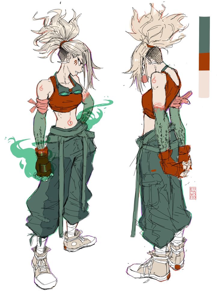 a handdrawn illustration of a female character with blonde hair. the character is drawn twice, once from the front and once from the back. the character is wearing a red crop top, green pants, and white shoes. the character is holding a green object in one hand.  a color palette is shown on the right side of the image.