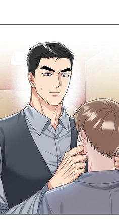 the image shows two men in a closeup, frontal view. the man on the left, taller and broader, has his hand gently cupping the chin of the other, youngerlooking man. the taller man wears a white shirt and dark vest, suggesting a professional setting. his expression is serious, possibly contemplative. the other man, wearing a light blue shirt, appears more passive, his eyes looking downwards. the setting suggests an indoor space, potentially an office, with muted beige tones dominating the background. the lighting appears to be artificial, possibly overhead fluorescent, casting soft shadows on the men's faces.