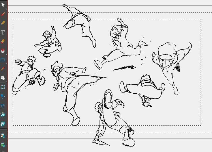 the image is a digital drawing of anime character designs. the characters are all in different dynamic poses, suggesting action and movement. the sketches are drawn in black and white, and they appear to be part of a storyboard or animation sequence.  the style of the art is loose and freeflowing, with emphasis on the characters' energy and motion.