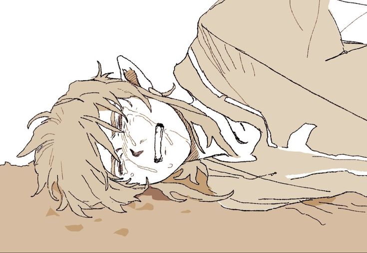 the image is a stylized illustration or drawing in an anime/manga style. it depicts a young, lighthaired male character lying on the ground, face down, and crying profusely. his body is slightly turned, revealing his back and side.  he appears distraught, and his clothing is loose and rumpled, suggesting exhaustion or defeat. the overall color palette is muted browns and beiges, contributing to a somber mood. the style is somewhat rough and expressive, focusing on the character's emotional state rather than intricate detail.