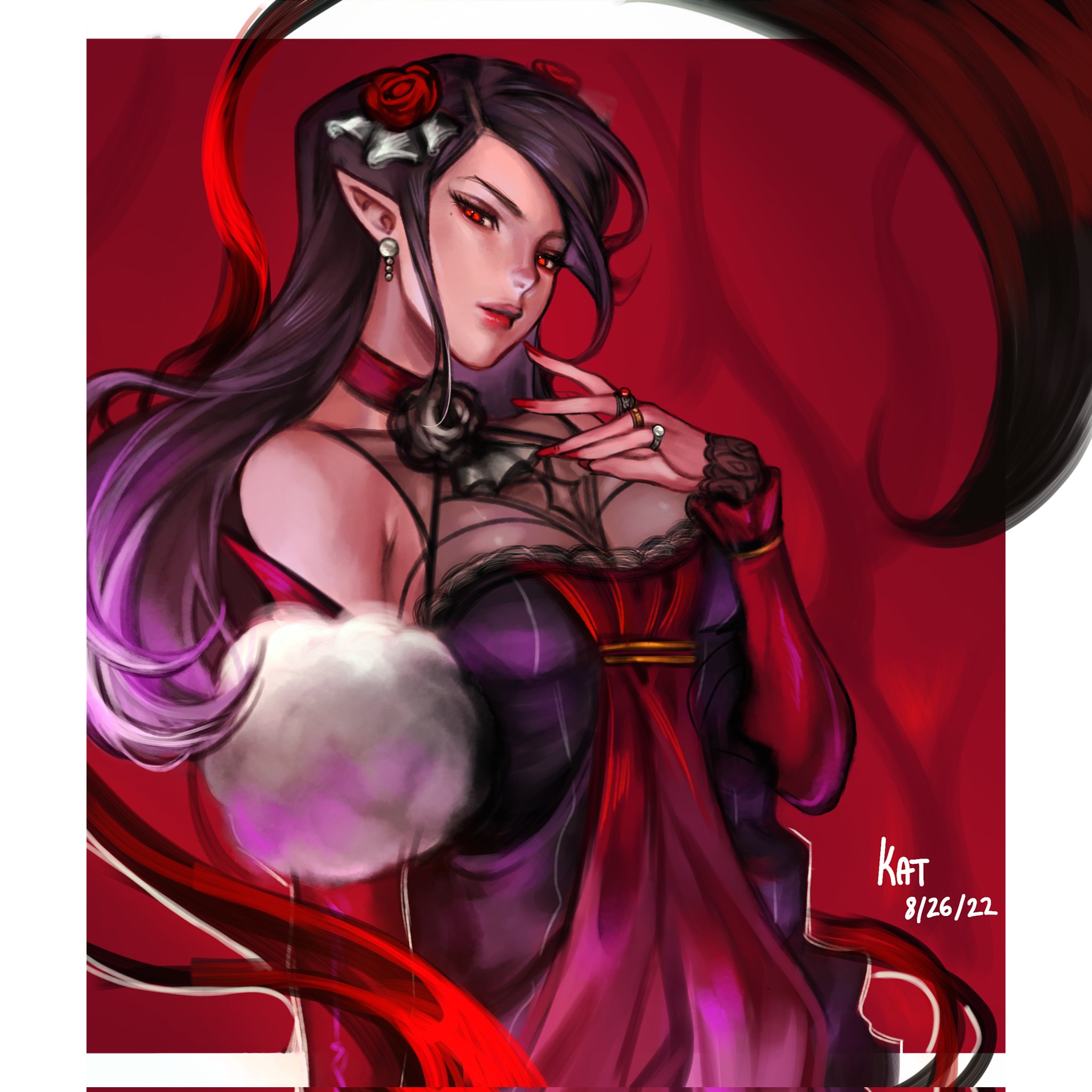 the image is a digital painting of a strikingly beautiful female elf character. she has long dark purple hair adorned with red roses, and she's wearing an elaborate red and dark purple dress with lace detailing.  the dress is lowcut, revealing her cleavage, and she accessorizes with rings and earrings.  her expression is confident and slightly seductive.  her pose is elegant yet suggestive.  the background is a deep red, enhancing the dramatic mood of the piece. the style is reminiscent of anime and fantasy art, with a focus on detail and vibrant color. the artist's signature "kat" and the date "8/26/22" are subtly placed in the lower right corner.  a flowing, red ribbonlike element appears to be part of her attire or the background design.  a fluffy white accessory is on her arm.