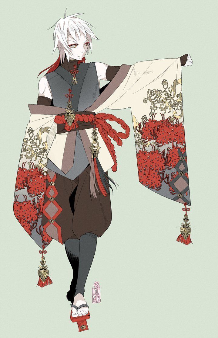 the illustration is of an anime character, a male with white hair, wearing a traditional japanese kimono. he is standing in a pose, looking serious. his kimono is a combination of white, gold, and red colors with elaborate designs. the character is a striking example of anime fashion.