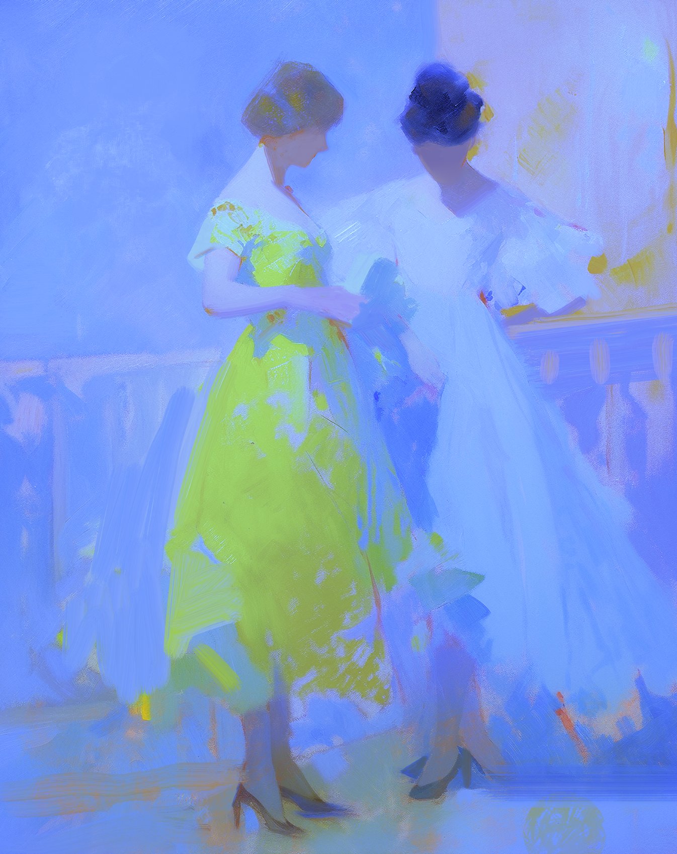 this oil painting depicts two women standing in a room. the women are dressed in dresses; one is wearing a green dress, the other a white dress. the painting is rendered in a soft and impressionistic style, using brushstrokes that create a sense of movement and light. the overall effect is one of elegance and grace.