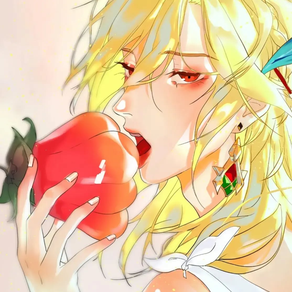 the image is a digital painting or illustration in an anime/manga style.  it depicts a young woman or girl with long, flowing blonde hair. she is wearing a lightcolored, possibly white or creamcolored garment.  she has striking red eyes and is in the act of biting into a large, shiny red bell pepper. the style is very stylized and colorful, with soft, almost painterly brushstrokes, particularly in the hair.  the overall mood is whimsical and slightly magical. the image focuses closely on the character, her expression, and the interaction with the food.  she also wears an ornate earring visible on the right.