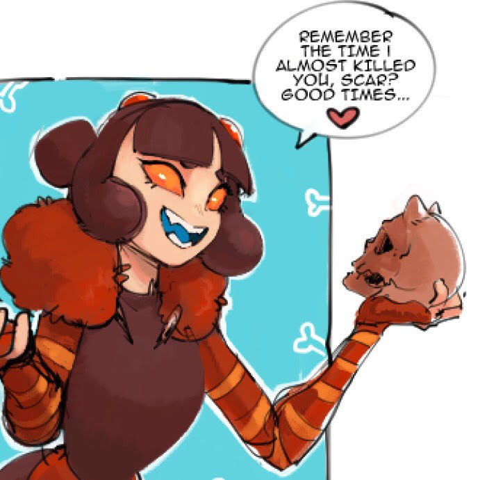 a cartoon anime girl with red and orange striped clothing, and long brown hair, is smiling and holding a skull in her hand. she is talking to a skull and has a speech bubble above her head that reads: "remember the time i almost killed you, scar? good times..."  the background is blue.