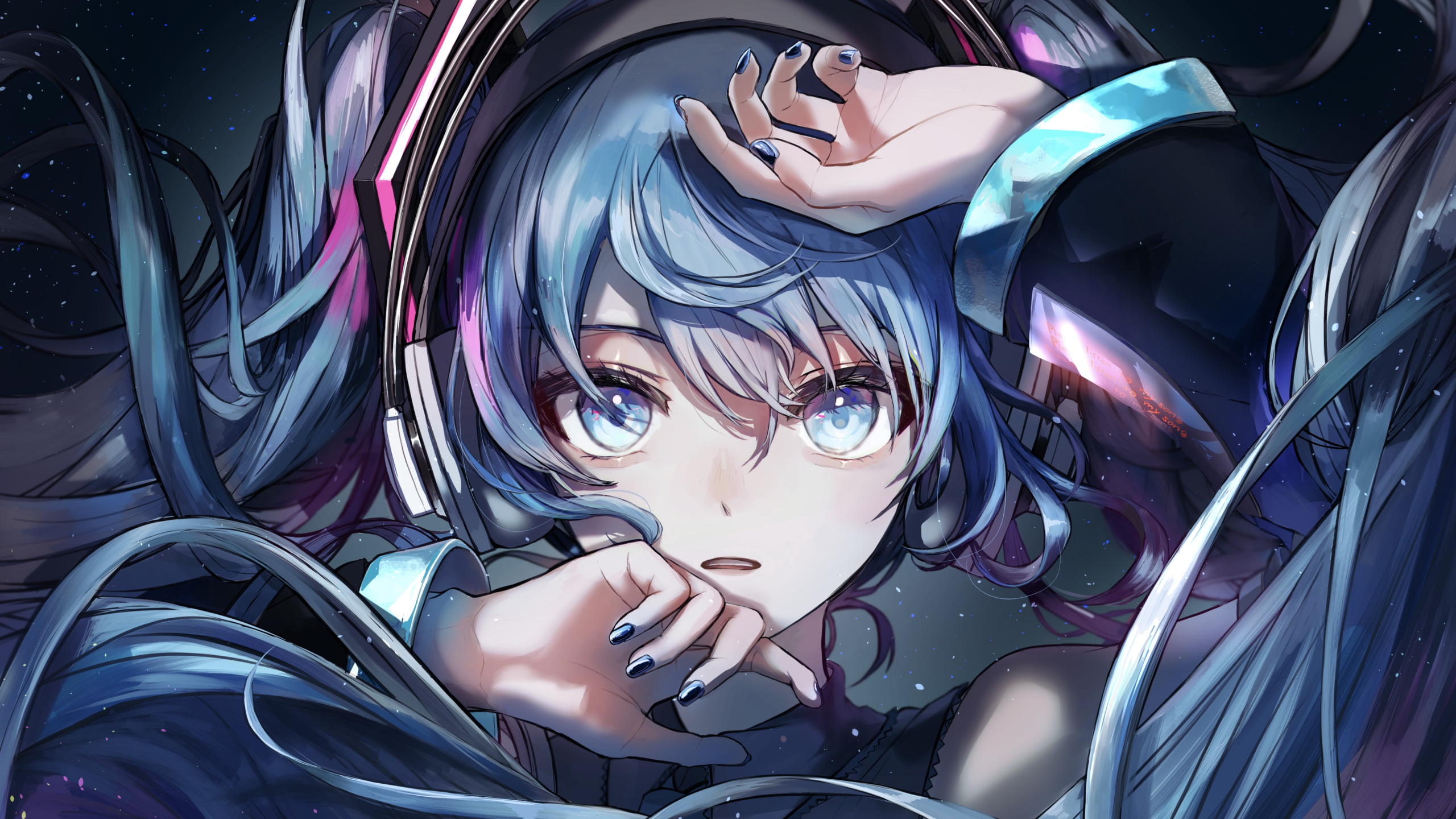 loseup view of an animestyle female character. she has long, flowing blue hair styled in twintails and is wearing a headset. her eyes are large and expressive, and she has a pensive expression. her hands are near her face, with some of her fingers touching her cheeks. the background is dark and speckled with what looks like stars or space dust, creating a moody and atmospheric setting. the style is highly detailed and painterly, with a mix of sharp and soft lines. the overall feeling is one of mysterious beauty and elegance.