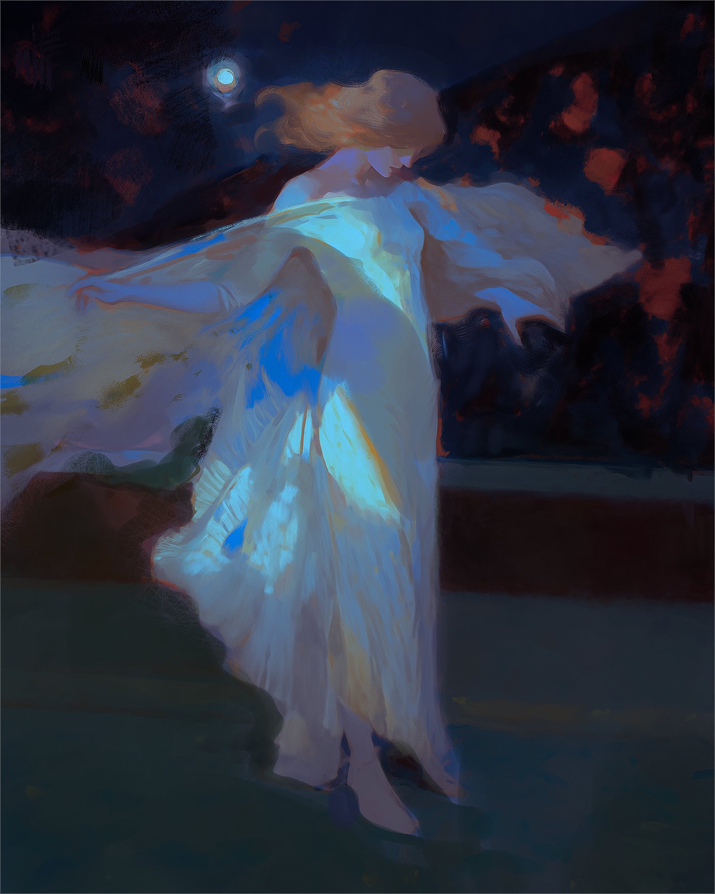 a digital painting of a woman in a white dress standing in a moonlit forest. her hair is flowing in the wind and she is looking down at the ground. the painting is done in a painterly style with soft colors and brushstrokes. the image gives off a mystical and dreamlike feeling.