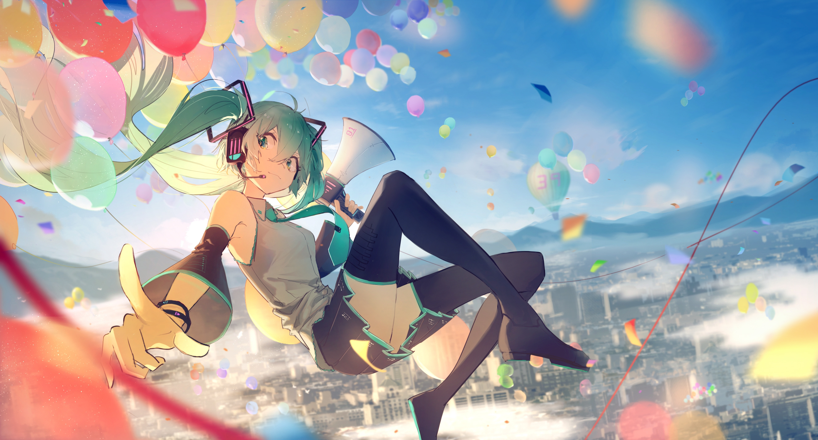 the image is a vibrant digital illustration of hatsune miku, a popular vocaloid character. she's depicted flying in the air amidst a flurry of colorful balloons and confetti, a megaphone in hand.  her long, bright green twintails flow behind her as she hangs upside down, her clothing style incorporating a mix of teal, black and yellow. the backdrop is a beautiful cityscape covered in a light mist, suggesting a bright and cheerful atmosphere. the overall style is anime, characterized by large expressive eyes and dynamic poses.  the image is richly detailed, emphasizing the joyful and energetic nature of the scene.