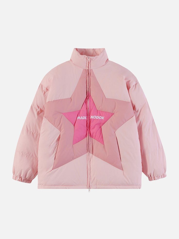 a pink puffer jacket with a star design on the front. the jacket is made of a quilted material and has a zipper closure. it also has a standup collar and long sleeves.