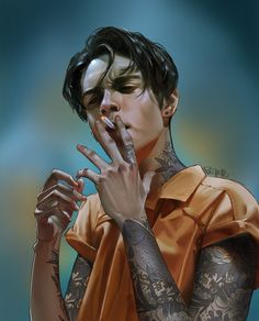the portrait features a young man with dark hair and tattoos visible on his neck, arms, and hands. he is wearing an orange jumpsuit, suggesting he might be a prisoner. the man is smoking a cigarette, his gaze directed offcamera, creating a sense of brooding intensity. the lighting is evocative of a studio setup, casting soft shadows and highlighting the texture of his skin and clothing.
