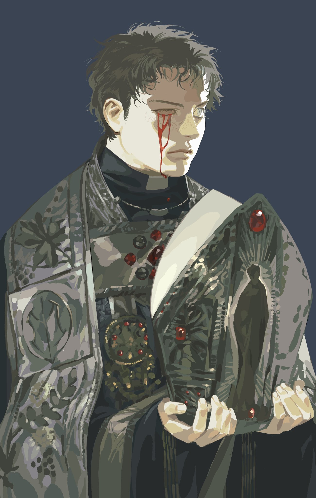 a painting depicts a man in religious attire. he has short, dark hair and is wearing a black clerical collar and an elaborate robe adorned with floral patterns, circular designs, and red gems. there is a stream of blood flowing from one of his eyes. he is holding a religious artifact with a figure depicted on it.