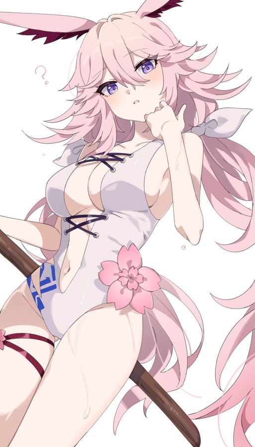 an anime girl with long pink hair is wearing a white swimsuit with a flower on her hip. she is holding a sword in her left hand and has a cute expression on her face. she is blushing and looks like she is thinking.