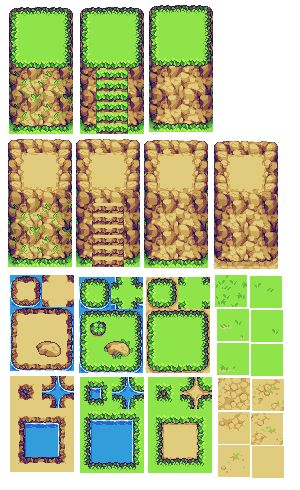 this image shows a collection of pixel art tiles used for creating video game backgrounds or environments. the tiles are arranged in a grid and depict various elements like grass, rocks, paths, water, and other natural features, all in a topdown perspective.  they utilize a vibrant, limited color palette typical of classic 2d games.