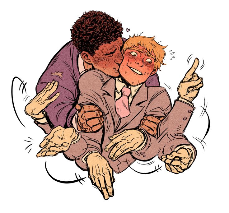 the illustration is a dynamic cartoon depicting two men in suits embracing playfully. one, a black man with curly hair, is kissing the other, a blond man, on the cheek.  their bodies are intertwined, with hands and arms playfully interlocked and in motion. the style is energetic and expressive, utilizing swirling lines to convey a sense of movement and excitement.  the men's faces show happiness and affection. the overall mood is lighthearted and romantic.