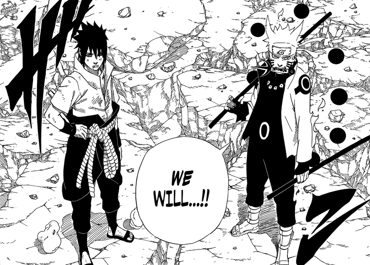 naruto and sasuke stand on a rocky, rubblestrewn battlefield, facing each other. they are both in powerful forms, with naruto in six paths sage mode and sasuke with his rinnegan activated. their expressions are determined as they declare "we will...!!". the image is in black and white, typical of manga panels.