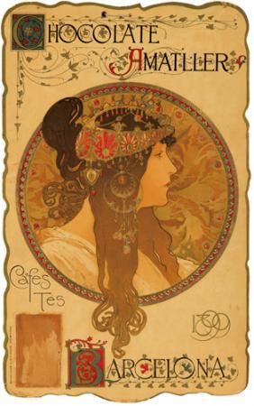the image is a vintage art nouveau poster advertising "chocolate amatller" in barcelona. the poster features a woman in profile with ornate headwear, framed by a circular design with floral elements. the text "chocolate amatller" is at the top, "cafes tes" on the left, and "barcelona" at the bottom. the overall style is reminiscent of alphonse mucha's work.