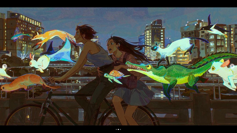 two anime girls ride a bike through a glowing city night. the girl in the back is holding a turtle. the girl in front is riding the bike. many animals are flying through the night. there is a glowing alligator, a flying cat, and a few other glowing animals.