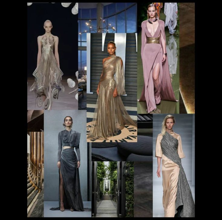 the image is a moodboard showcasing a variety of highfashion gowns. each gown is unique in its design and fabric. the models are all posed in a way that highlights the elegance of the dresses. the background imagery adds to the overall luxurious feel of the board.