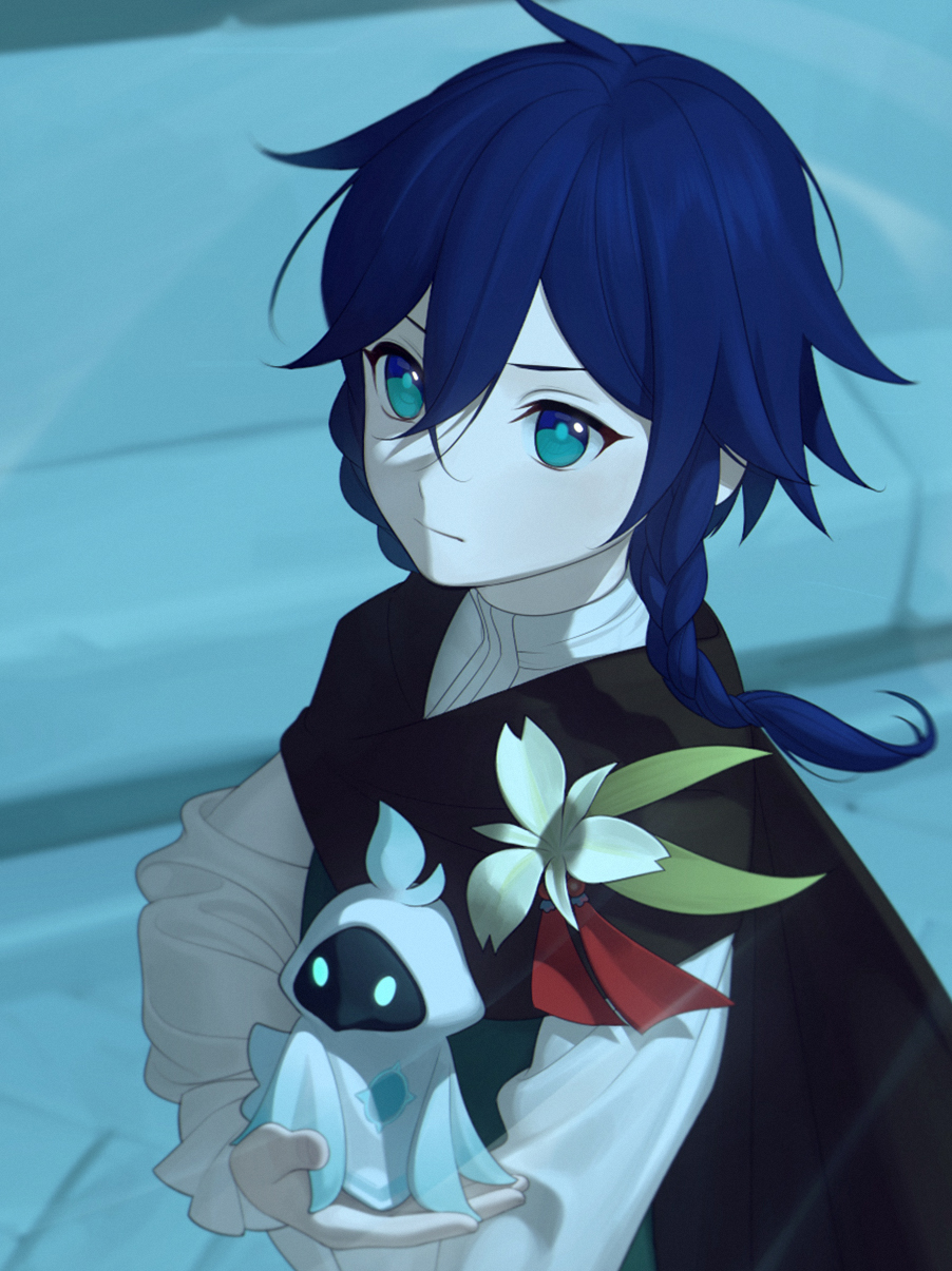 the image shows a young boy with blue hair and striking green eyes. he is dressed in a white shirt with a high collar, a darkcolored cape, and carries a white glowing companion that resembles a small ghost. he holds the companion gently in his hands, his expression a mix of curiosity and determination. a single white flower is pinned to his cape. the background suggests an indoor setting, possibly made of stone, bathed in a soft, ethereal light that emphasizes the boy's youthful features. the overall atmosphere is one of quiet strength and wonder.