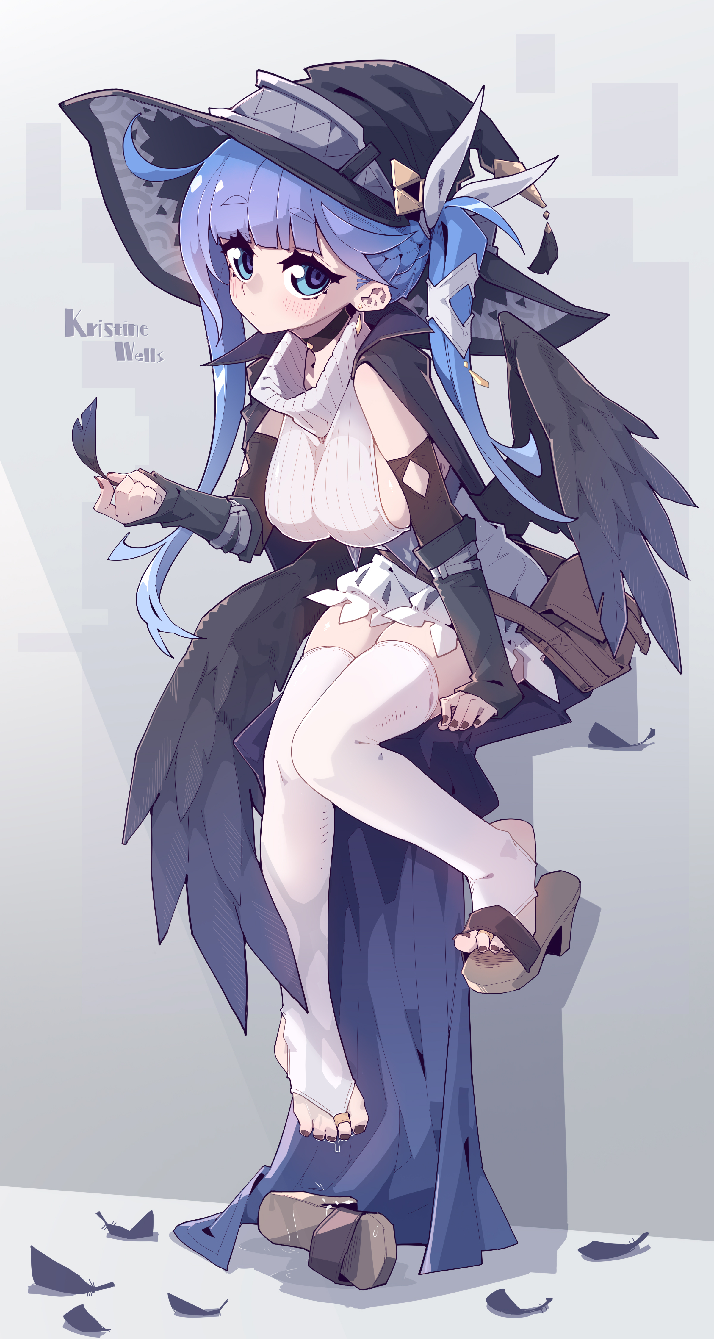 an anime girl dressed as a witch is sitting. she has blue hair, a witch hat, wings, white stockings, and sandals. she is holding a feather.