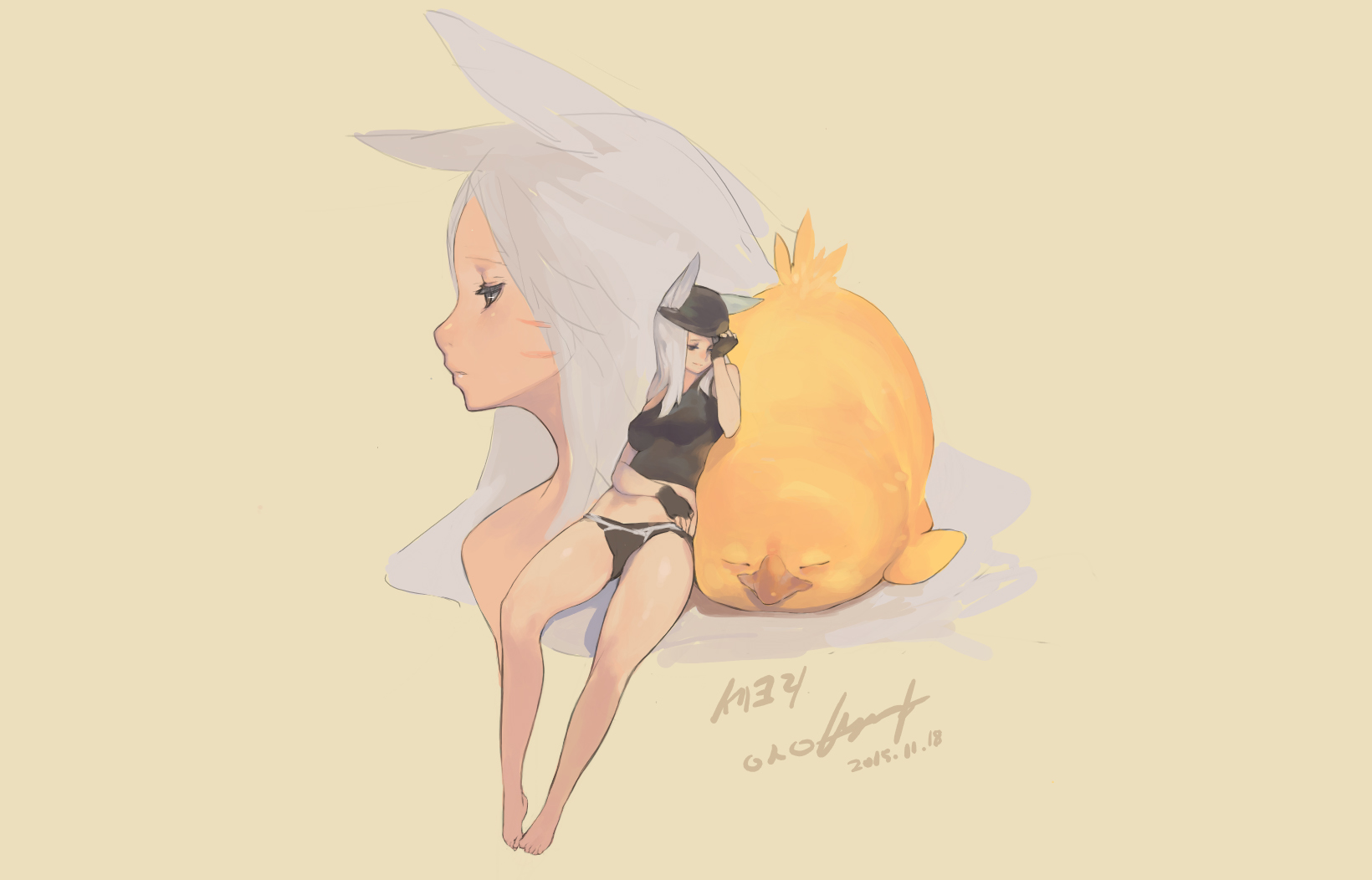 a digital illustration of a final fantasy xiv viera character in profile view, wearing a black bikini top and bottoms.  she is seated with her knees drawn up and her head bowed, her expression solemn. behind her, a smaller miqo'te character with her own white hair and animal ears sleeps, perched atop a large yellow chocobo companion. the chocobo also sleeps, its head resting on the ground beside the viera. the image is signed and dated by the artist.