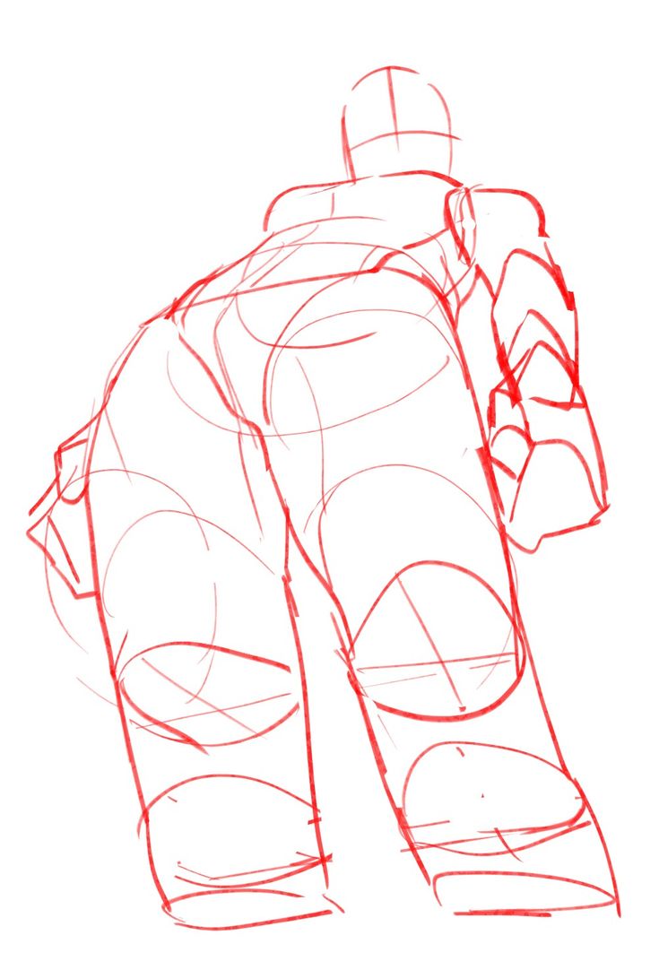 this is a red pencil sketch of a figure drawing. the figure is shown from the back, looking down at the ground. the figure is wearing pants and a shirt, and their arms are bent. the sketch uses lines to show the form and movement of the figure.