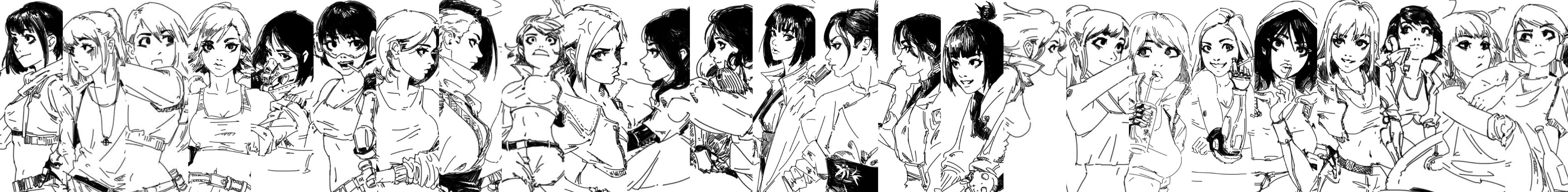 he image is a detailed black and white ink drawing of a large group of young women, possibly inspired by anime or manga styles.  the drawing is highly stylized, with a focus on expressive faces and intricate linework depicting clothing and hairstyles. the women are depicted in various poses and expressions, creating a dynamic and energetic composition.  the overall style is a blend of sketch and finished art, with a slightly chaotic yet captivating arrangement.