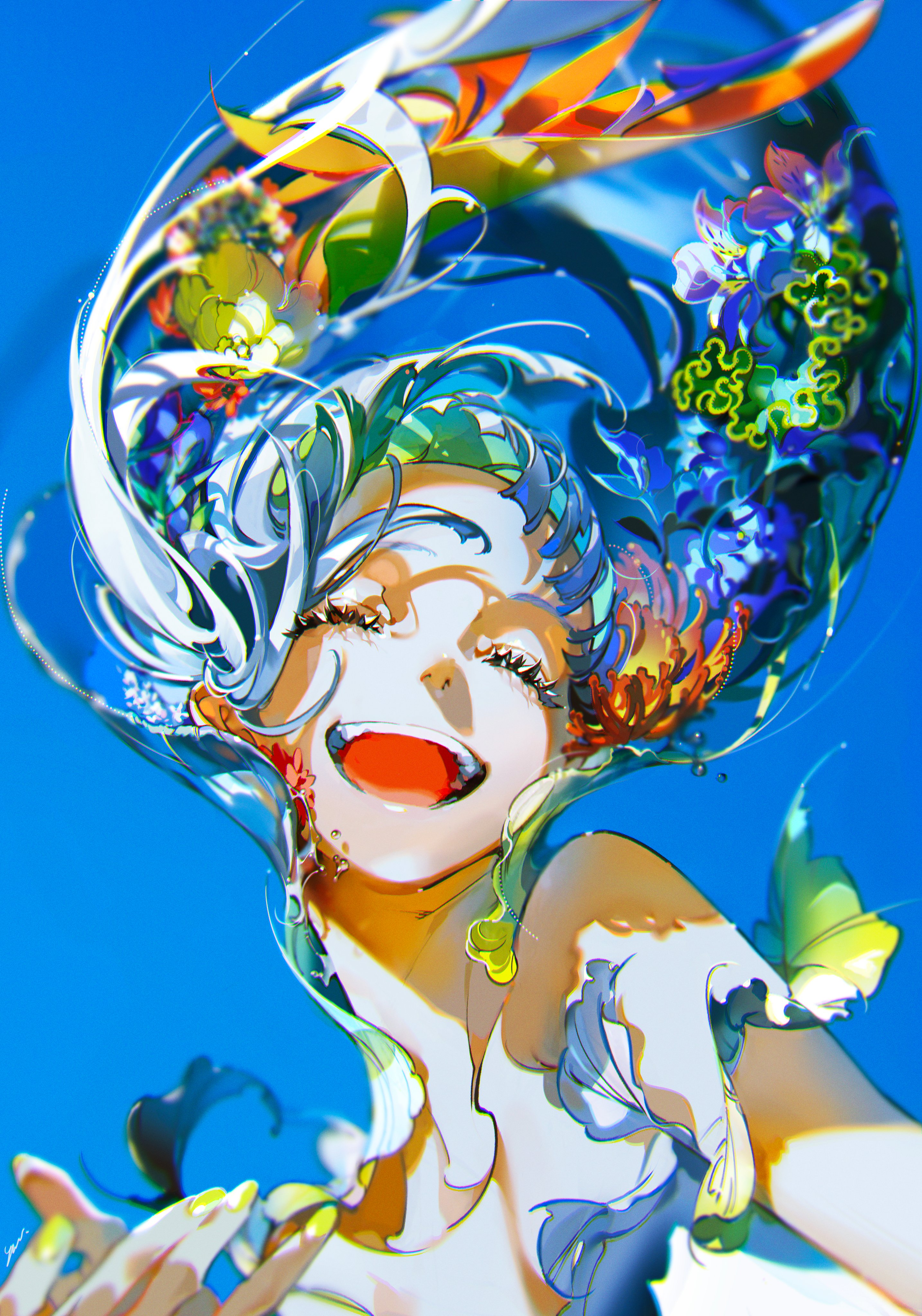 an anime style digital painting of a young woman with long, flowing hair. she is smiling broadly with her eyes closed and looking up. her hair is a mix of white and light blue, with bright orange, yellow, green, and blue flowers woven into it. the background is a bright, clear blue, like a summer sky. the woman is looking at the camera with a radiant smile, suggesting a sense of joy and happiness.