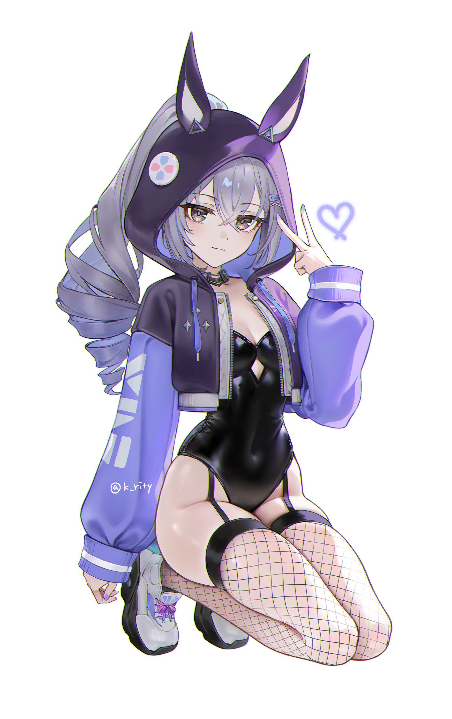 the image is a digital illustration of an animestyle girl. she has long grey hair, partially tied up into a high ponytail, and is wearing a purple hoodie with bunny ears, a black bodysuit with a cutout detail, and fishnet stockings. she's kneeling with one leg bent behind her and is making a peace sign with her fingers. a small purple heart is depicted near her head, and the background is plain white. the overall style is cute and stylized, with attention to detail in the clothing and character design.  the art style is consistent with popular anime and manga illustration.