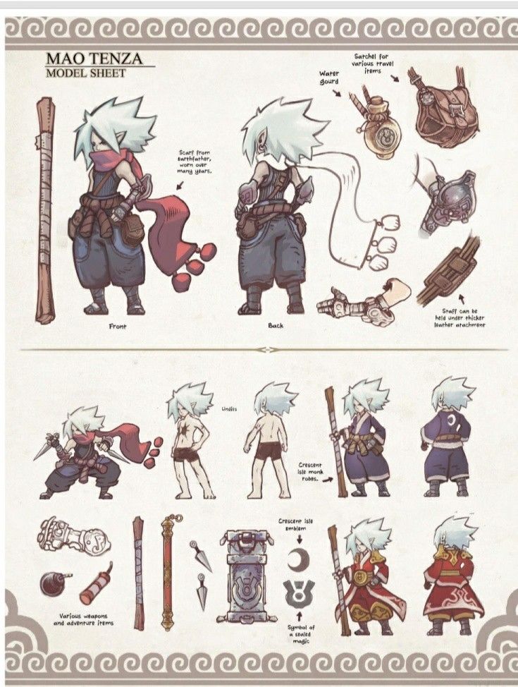 the image is a detailed model sheet for the character "mao tenza," likely from a video game. it showcases the character from various angles (front, back, and side profiles) and different poses.  the sheet also presents multiple outfit variations, weapons (staff, daggers, throwing stars),  accessories (satchel, gourd, arm guards), and other items. there are descriptions provided next to some items, adding to the context of the design. the style is reminiscent of 2d animation or spritebased game art, with a fantasyinspired aesthetic. the overall design incorporates elements of  asianinspired clothing and weaponry. the model sheet is clearly intended for use in the development of the character within a game or animation project.