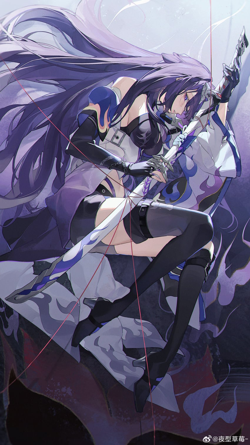 a female anime character with long purple hair, dressed in a white and blue warrior outfit, is lying down on a transparent surface with red threads. she is holding a sword with a blue and white design. the background is a soft purple and gray gradient.